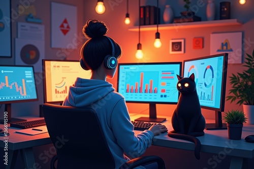 Young woman working in a cozy home office with multiple monitors, wearing headphones, accompanied by a glowing-eyed black cat, surrounded by warm and cool ambient lighting