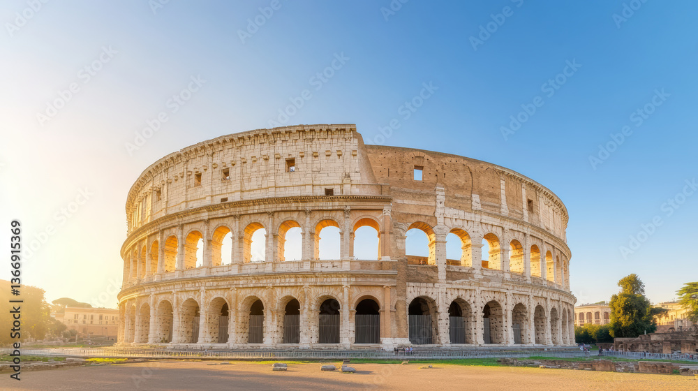 Obraz premium stunning Roman amphitheater stands majestically clear blue sky, showcasing ancient architecture