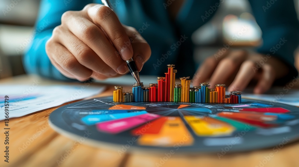 Fototapeta premium Close Up Colorful Bar Graph on Circular Chart Data Analysis
