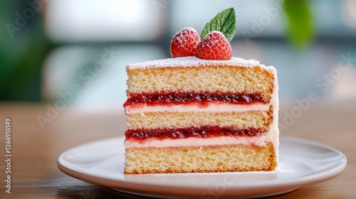 Delicious Slice of Strawberry Jam Victoria Sponge Cake with Fresh Berries on a Plate photo