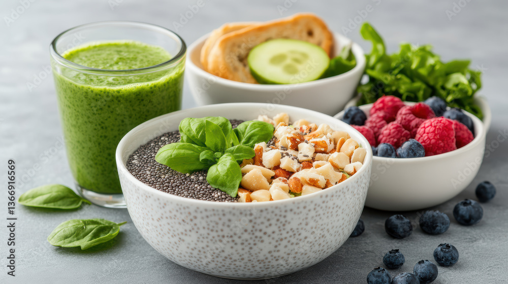 healthy breakfast spread featuring chia pudding, green juice, and fresh fruits healthy breakfast spread featuring chia pudding, green juice, and fresh fruits