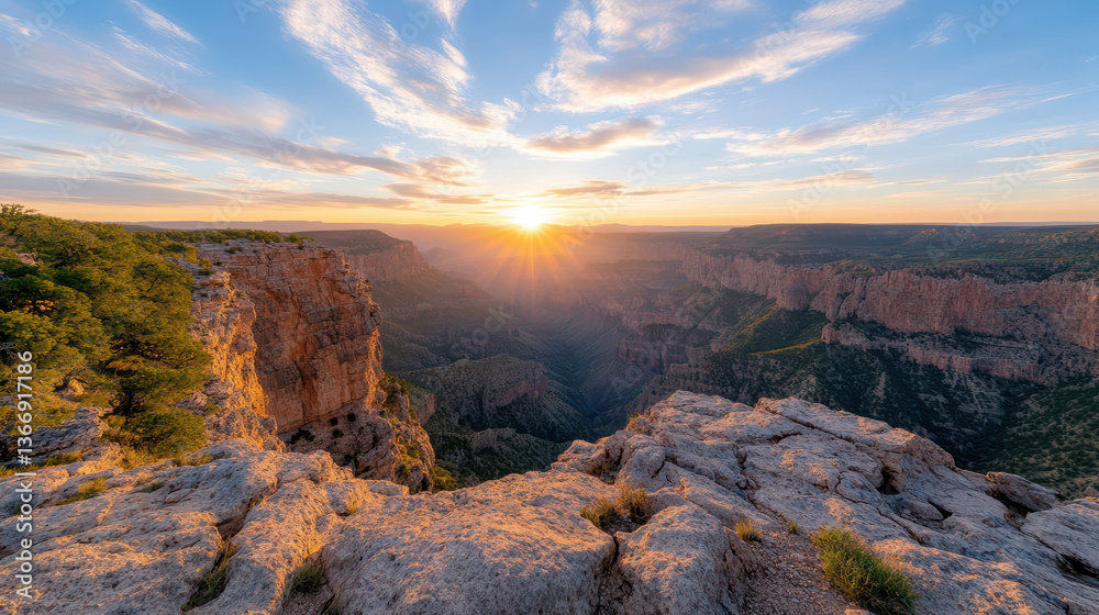 Fototapeta premium Breathtaking view of Grand Canyon sunrise, showcasing stunning rock formations and vibrant