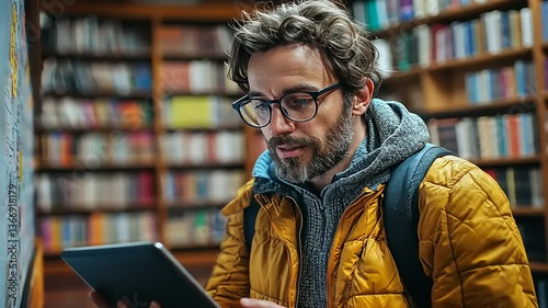 Man in a library using a tablet to study, surrounded by shelves filled with books
