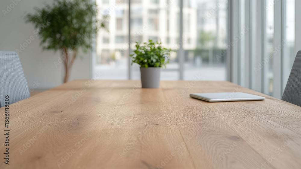 modern conference table with wooden surface, featuring potted plant and tablet, creates serene modern conference table with wooden surface, featuring potted plant and tablet, creates serene