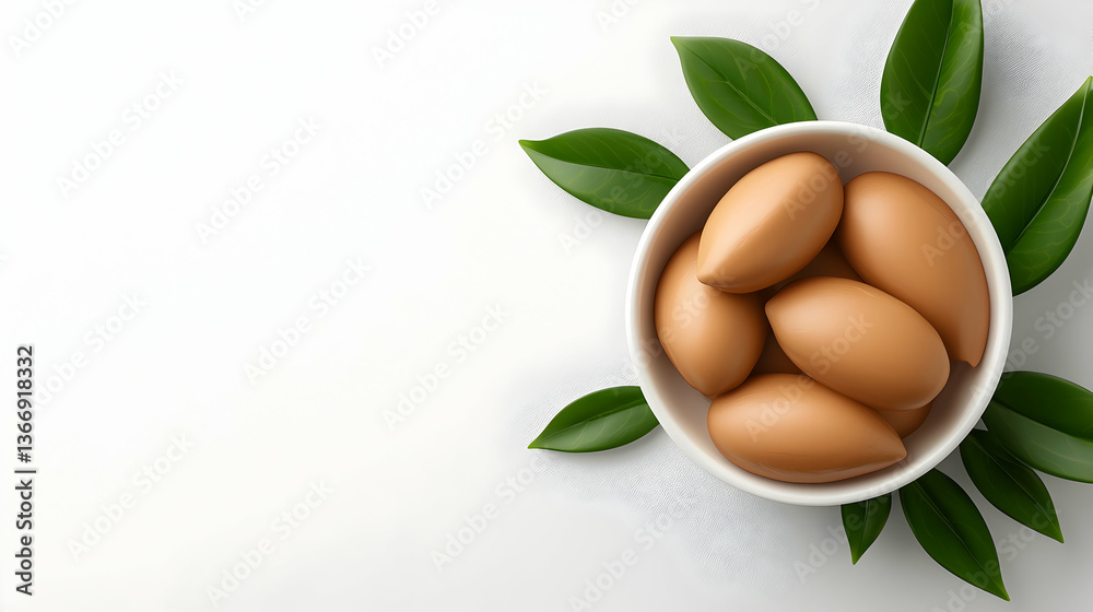 Light Brown Shea Nuts in White Bowl with Green Leaves Light Brown Shea Nuts in White Bowl with Green Leaves