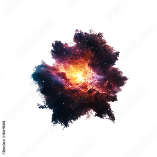 A vibrant nebula clouds of gas and dust in vivid colors, radiating light and energy from a central core.