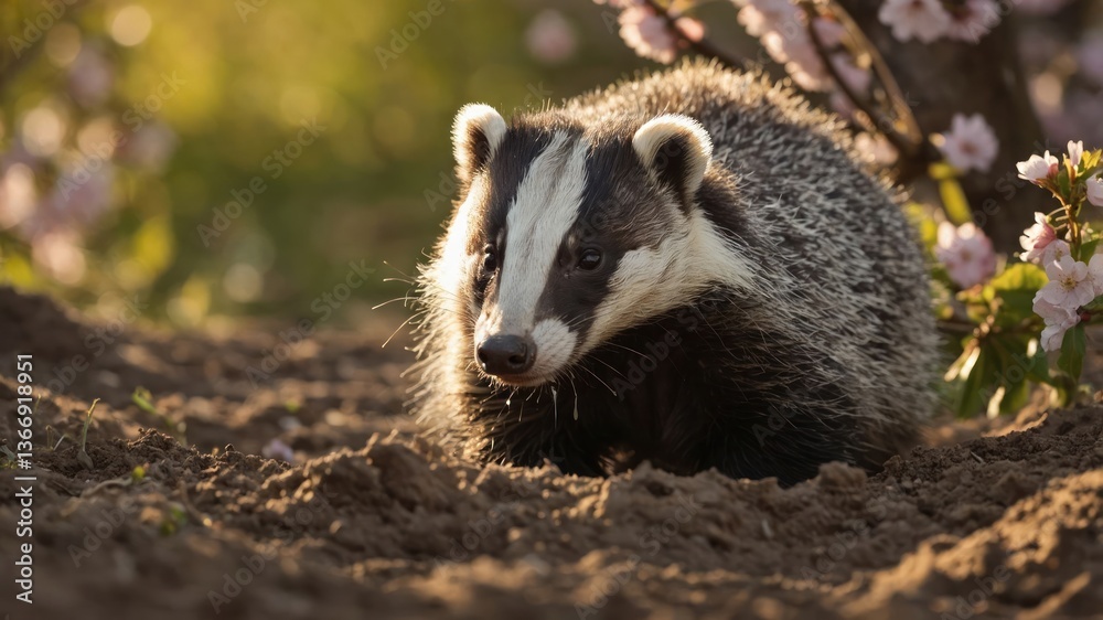 Fototapeta premium Badger Foraging on Ground in Nature with Spring Blossoms Around