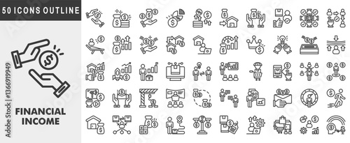 financial income icon set collection. Covers salary, bonus, commission, dividend, interest, rent, allowance, endorsement, partnership, affiliate. Simple vector outline illustration.