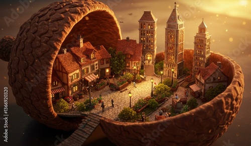 Miniature village in acorn shell with townsfolk and detailed architecture showcases creativity and imagination.