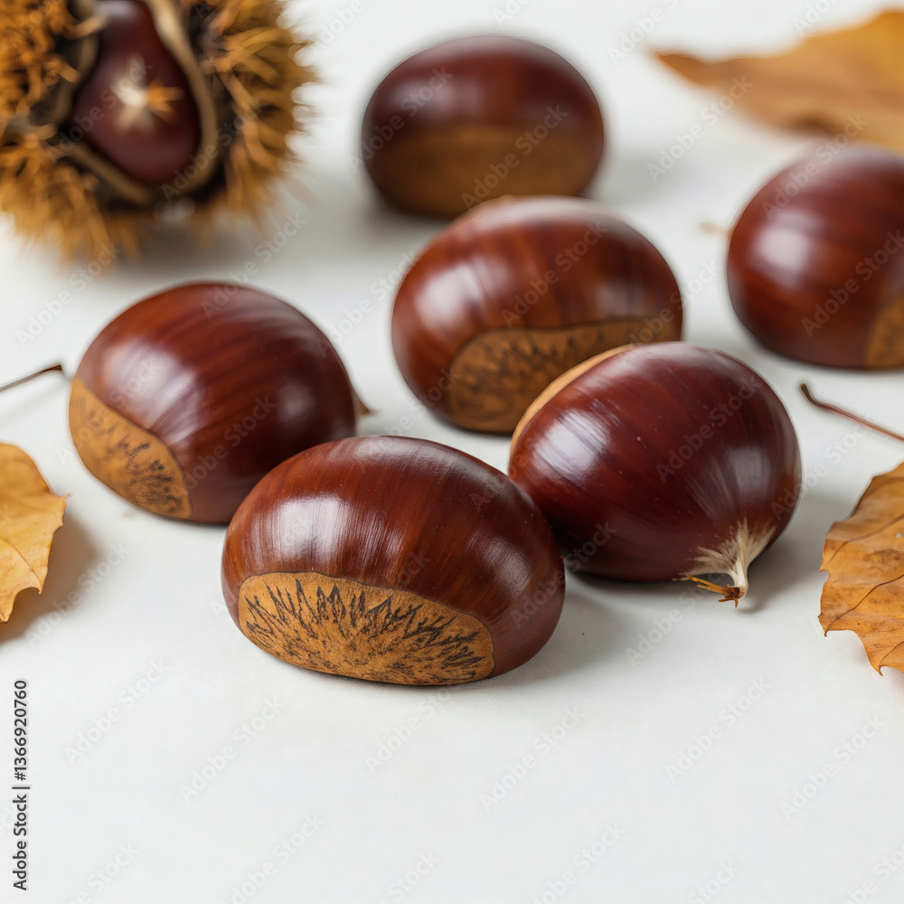 Autumn composition with chestnuts and leaves on a white background. Autumn composition with chestnuts and leaves on a white background.