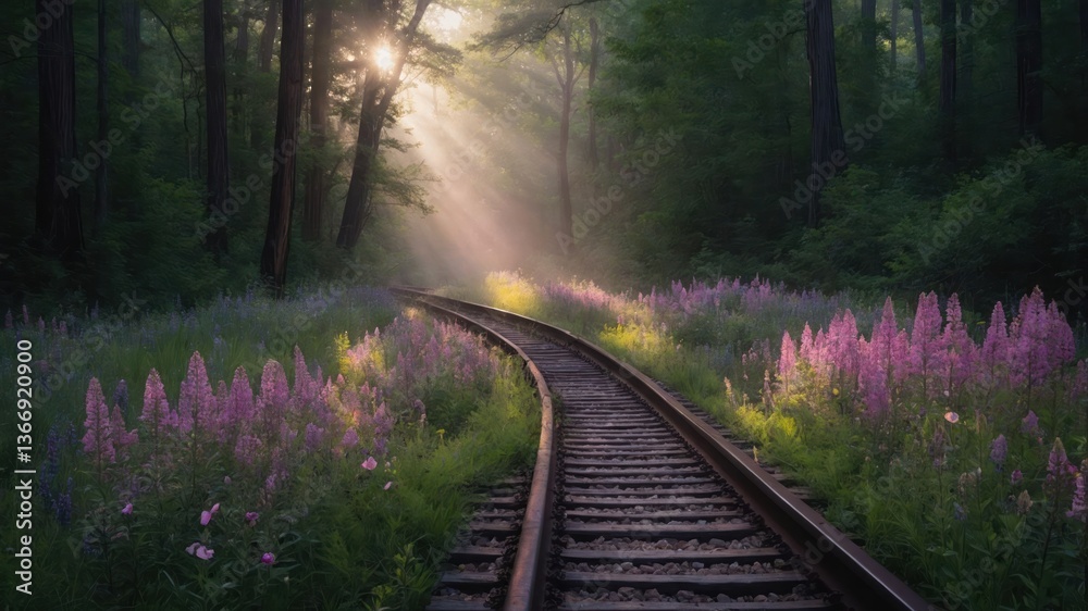 Fototapeta premium Train Tracks Curving Through Forest with Sun Rays and Flowers