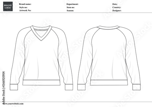 V-neck sweatshirt technical drawing fashion flat sketch vector illustration template with tech pack details