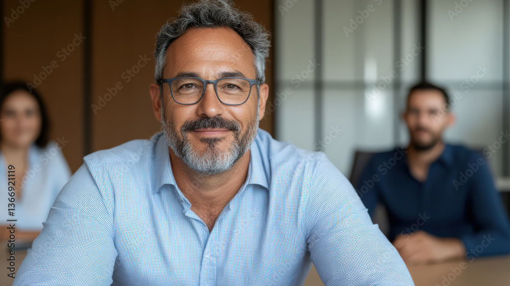 Fototapeta premium Professional man smiling in meeting room, exuding confidence and leadership