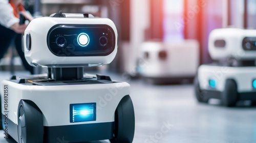 Obraz na płótnie Robotics engineer creating autonomous delivery robots in a robotics lab, cutting-edge robotics lab with AI-driven robots designed for package delivery in urban environments, Scientific style w salonie