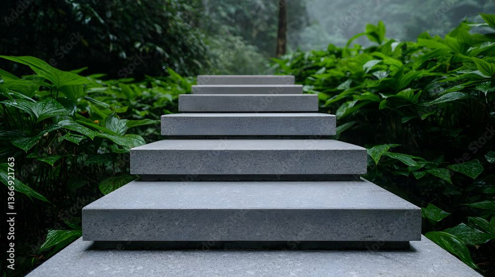 Lush Greenery Path with Grey Stone Steps Illuminated by Sunlight Lush Greenery Path with Grey Stone Steps Illuminated by Sunlight