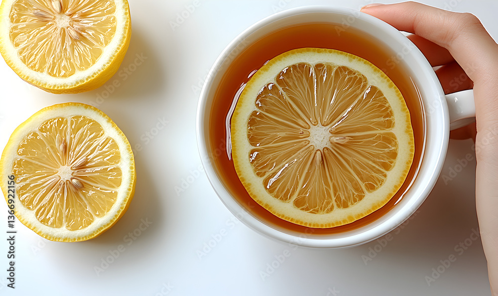 Overhead View of Lemon Tea in White Cup Overhead View of Lemon Tea in White Cup