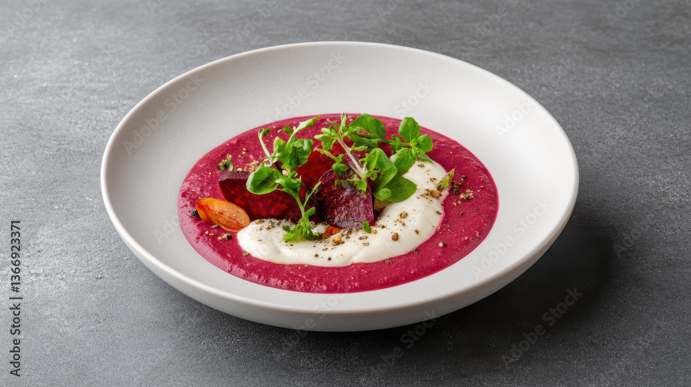 Creamy beetroot soup garnished with fresh herbs and vegetables, offering vibrant presentation Creamy beetroot soup garnished with fresh herbs and vegetables, offering vibrant presentation