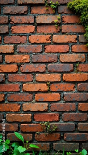 weathered brick wall with grunge texture and moss growth, brick, surface