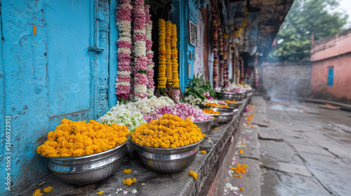 Vibrant flower market India with colorful garlands and offerings, creating festive atmosphere