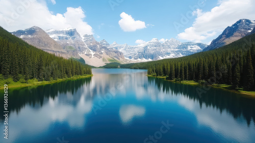 serene mountain lake surrounded by lush forests and majestic peaks reflects clear blue sky