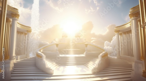 Heavenly White Temple Stairway with Water Feature and Golden Accents