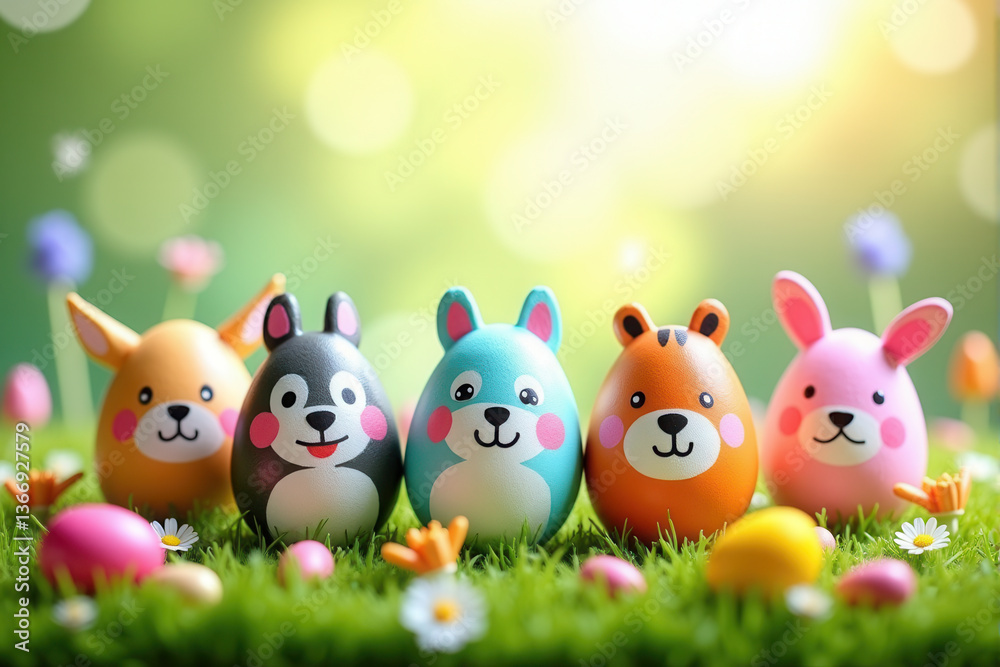 Fototapeta premium Cute Easter Bunny Eggs on Grass with Flowers
