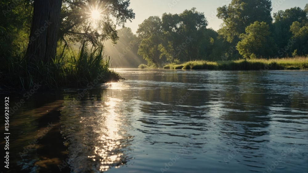 Fototapeta premium River Flowing Through Forest at Sunrise with Sunbeams Shining Through