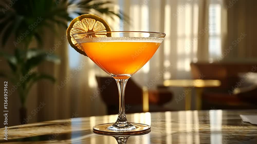 A sophisticated, golden cocktail garnished with a lemon slice, set in a warm, inviting bar.