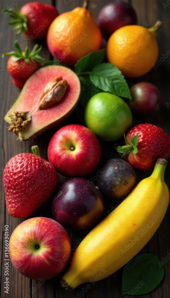 Collection of exotic fruits on a wooden table, fruits, table setting Collection of exotic fruits on a wooden table, fruits, table setting