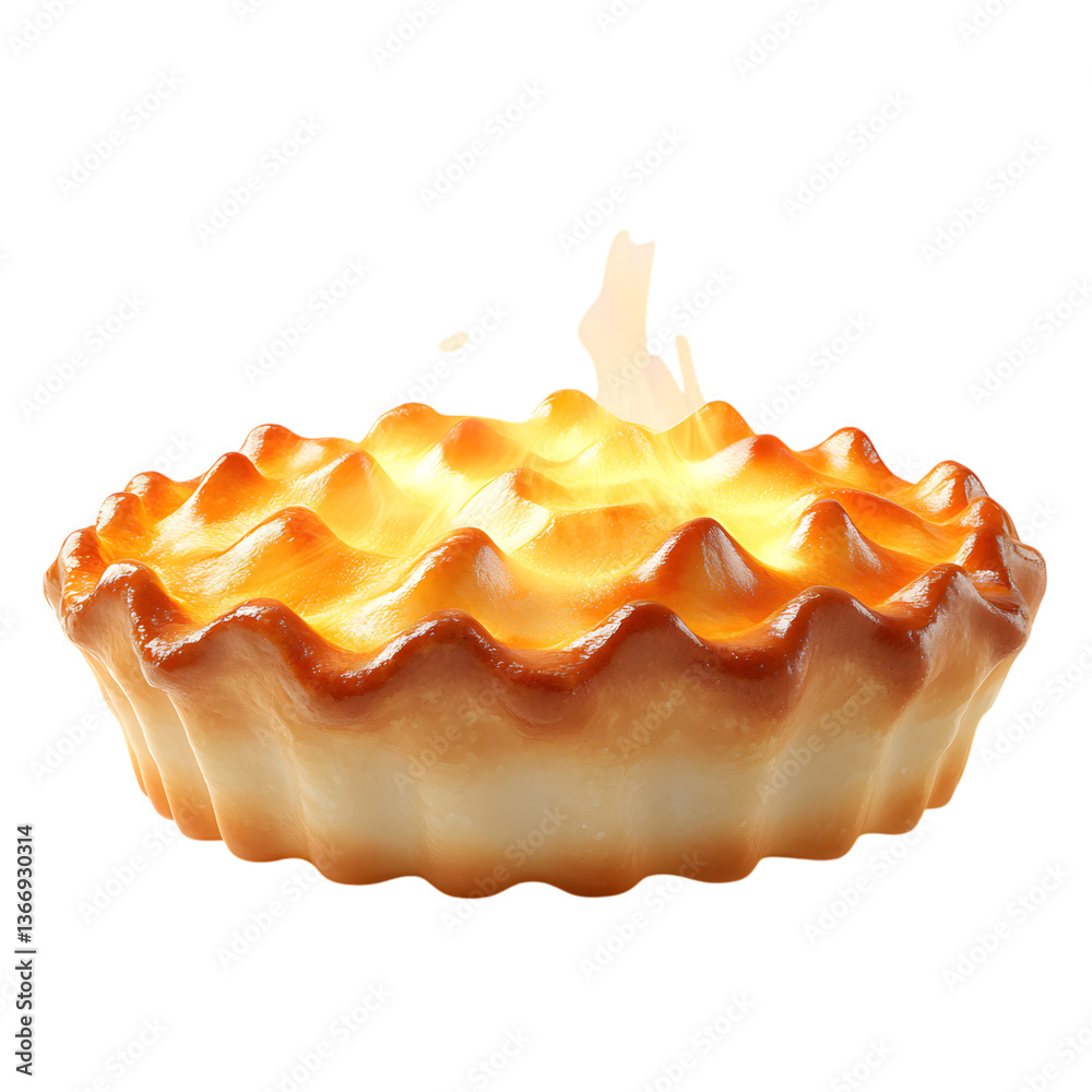 A Fluffy 3D Cartoon Pie with Glowing Golden Crust and Small Cake with Candle Isolated on Transparent Background A Fluffy 3D Cartoon Pie with Glowing Golden Crust and Small Cake with Candle Isolated on Transparent Background