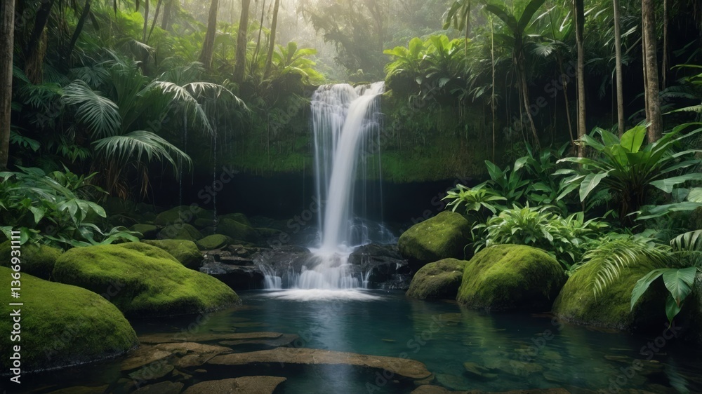 Fototapeta premium Waterfall Cascading into a Lush Green Pool in a Tropical Forest