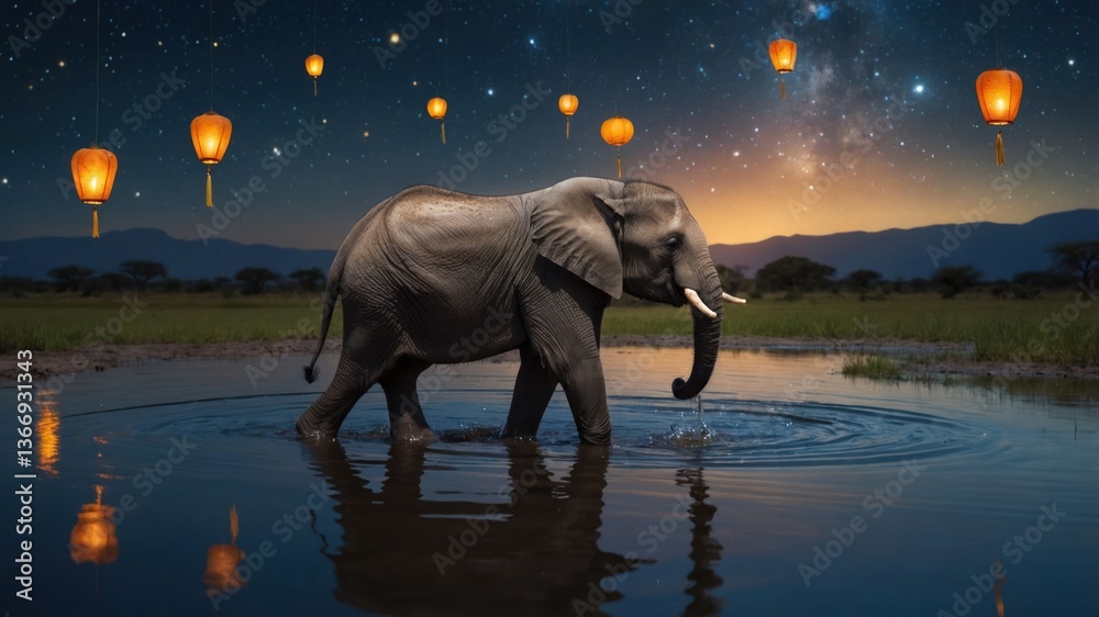 Fototapeta premium Elephant Wading Through Water at Night with Glowing Lanterns