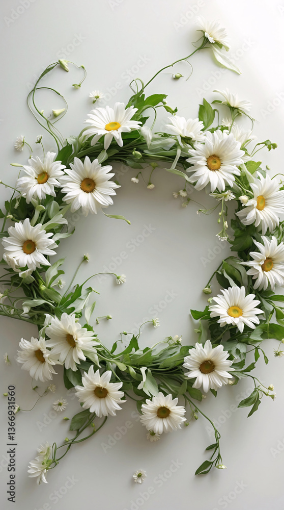 Fototapeta premium Exquisite white daisy wreath for door or wall decoration featuring delicate flower arrangement for holiday celebration and floral photography Wedding Photography Aesthetic Wallpaper