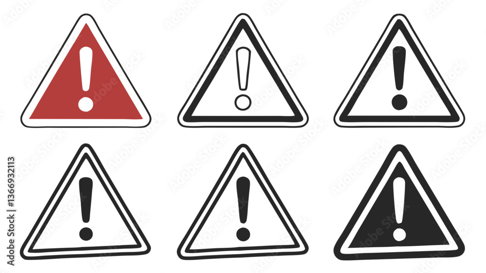 Exclamation Mark Warning Triangle Icons Set of Six Variations Exclamation Mark Warning Triangle Icons Set of Six Variations