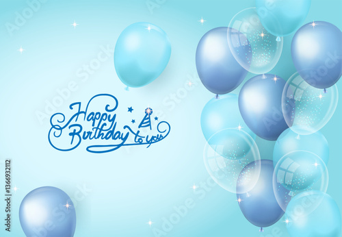 Happy Birthday greeting card, background, poster with blue, light blue, transparent balloons
