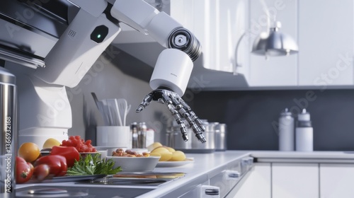 Advanced AI powered robotic chef preparing gourmet dishes, sleek and futuristic high-tech kitchen, precision culinary automation