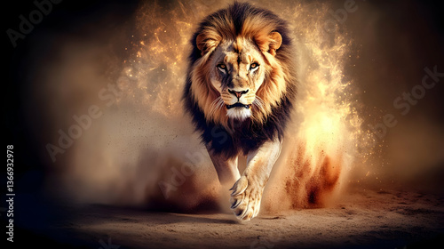 Majestic Lion Running Through Dust With Warm Lighting A Photo