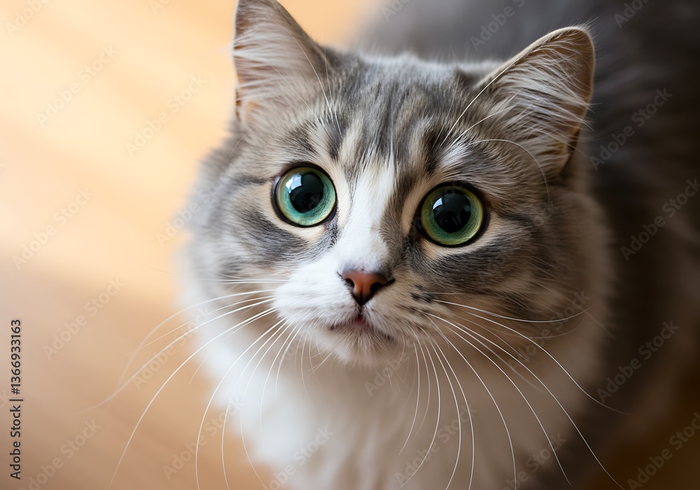 Close-up of Gray and White Cat with Big Green Eyes Looking Up Close-up of Gray and White Cat with Big Green Eyes Looking Up