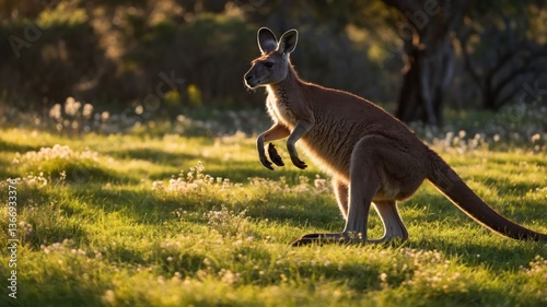 Kangaroo Standing on Grassy Field Illuminated by Golden Sunlight
