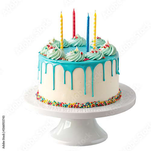 Fotografía Delicious white birthday cake with teal drip icing and lit candles isolated on a