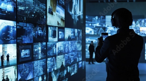 AI driven smart city surveillance hub monitoring urban safety with real time analytics, glowing digital displays with facial recognition and predictive security, futuristic law enforcement technology