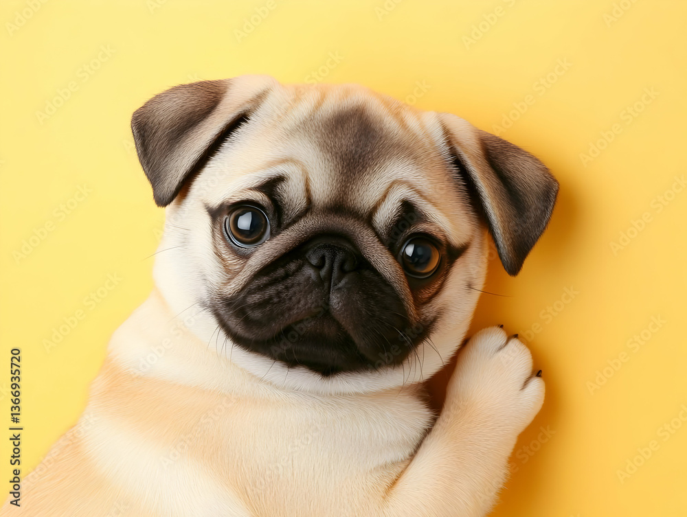 Obraz premium Photo Of A Cute Pug Dog Resting Head On Yellow Background in Studio