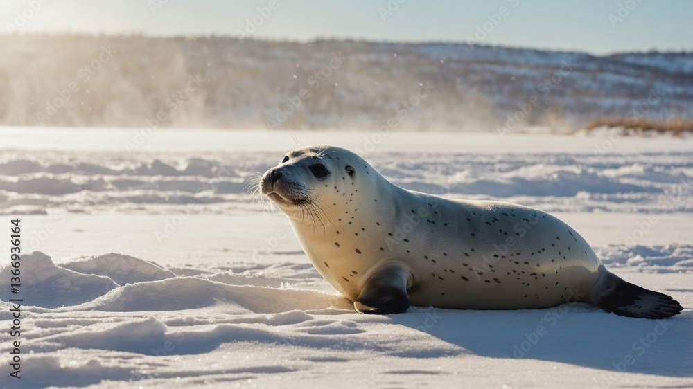Obraz premium Resting Spotted Seal on Snow in Winter Sunlight Scenery