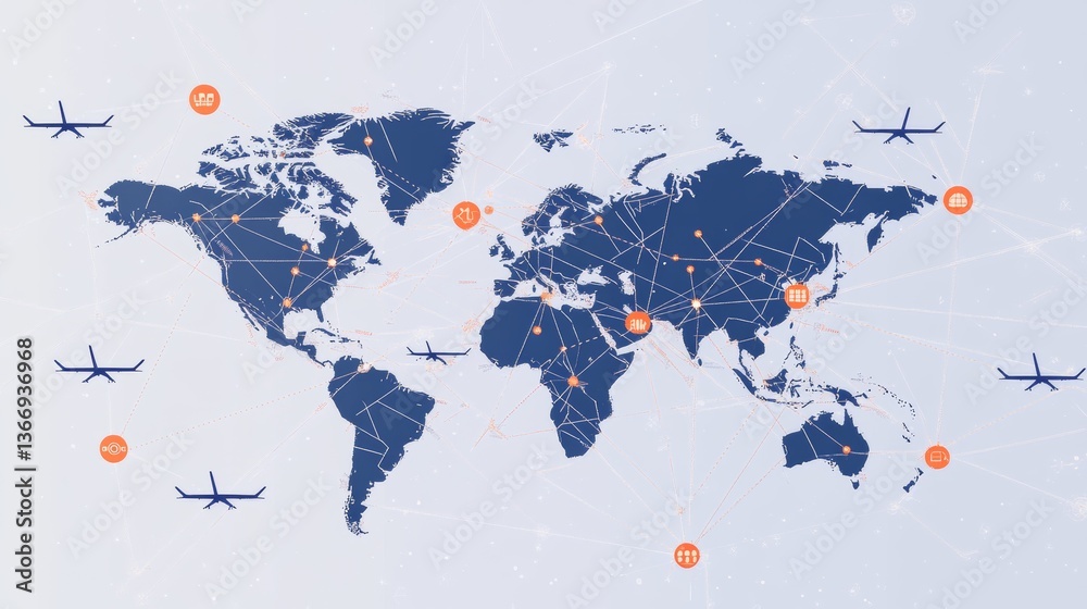 Fototapeta premium World map outline in light gray as background with multiple airplane icons in deep blue, interconnected by animated-style dashed lines in varying thicknesses showing different altitudes, bright