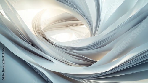 Dynamic composition of business documents caught in mid-air spiral, pages showing natural paper curl with dog-eared corners, varying degrees of transparency in overlapping sheets, dramatic lighting