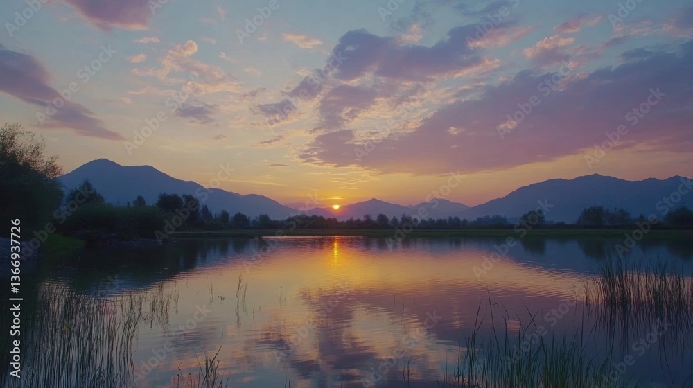 Fototapeta premium Sunset Over Lake with Mountain Range and Clouds Reflecting in Calm Water