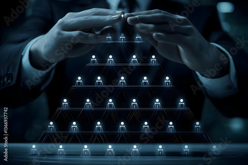 Abstract Digital Pyramid Structure Under Human Hands Photo Leadership Concept