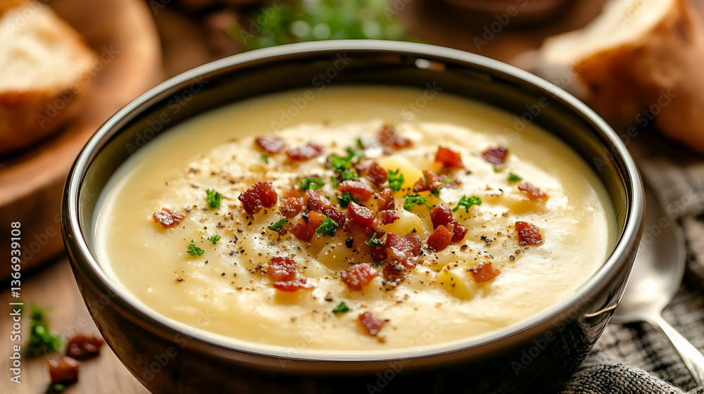 Creamy Potato Soup with Bacon and Parsley in Dark Bowl on Wooden Table with Bread Pieces and Grey Towel Cozy Warm Dinner Creamy Potato Soup with Bacon and Parsley in Dark Bowl on Wooden Table with Bread Pieces and Grey Towel Cozy Warm Dinner