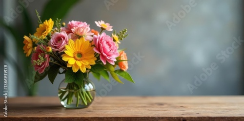 Wallpaper Mural Fresh flowers arranged in a spring bouquet on a wooden table with a single lamp bulb centerpieces, wood table, fresh cut flowers Torontodigital.ca