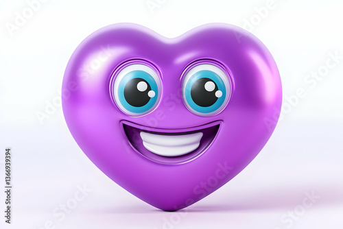 Cheerful Purple Heart Emoji Smiling with Blue Eyes on White
